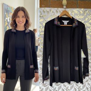 Exclusively Misook Ribbed Knit Duster | Rainbow Gem Studded Collar small